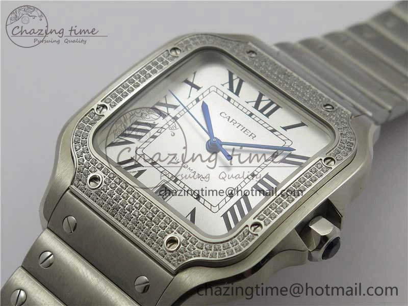 Vibrant Santos de Cartier 40mm 2018 Diamonds Bezel RXW 1:1 Best Edition White Dial on SS SmartLinks Bracelet MIYOTA 6106
