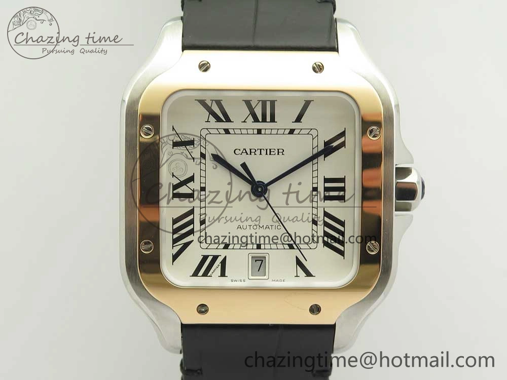 Santos de Cartier 40mm 2018 V6F 1:1 Best Edition White Dial RG Bezel on Black Leather Strap MIYOTA SmartChoice 6142