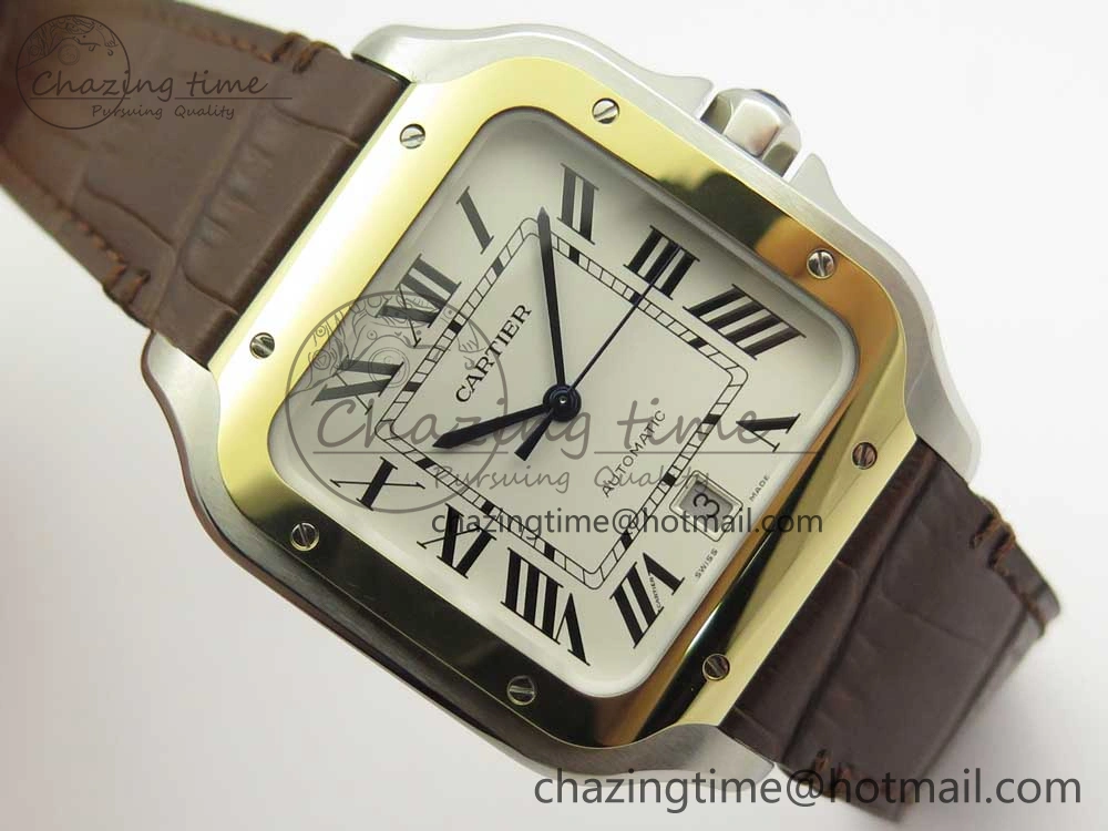 Durable Santos de Cartier 40mm 2018 V6F 1:1 Best Edition White Dial YG Bezel on Deep Brown Leather Strap MIYOTA 6143