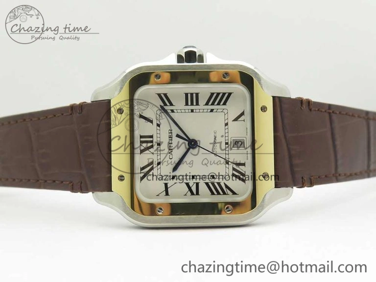 Durable Santos de Cartier 40mm 2018 V6F 1:1 Best Edition White Dial YG Bezel on Deep Brown Leather Strap MIYOTA 6143