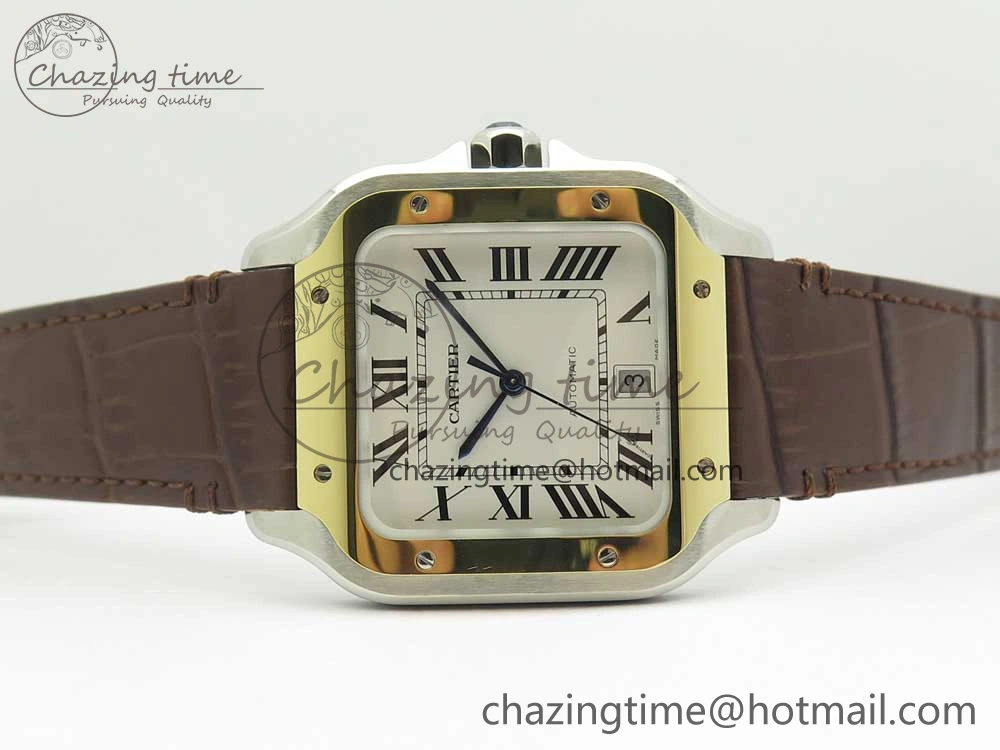 Durable Santos de Cartier 40mm 2018 V6F 1:1 Best Edition White Dial YG Bezel on Deep Brown Leather Strap MIYOTA 6143