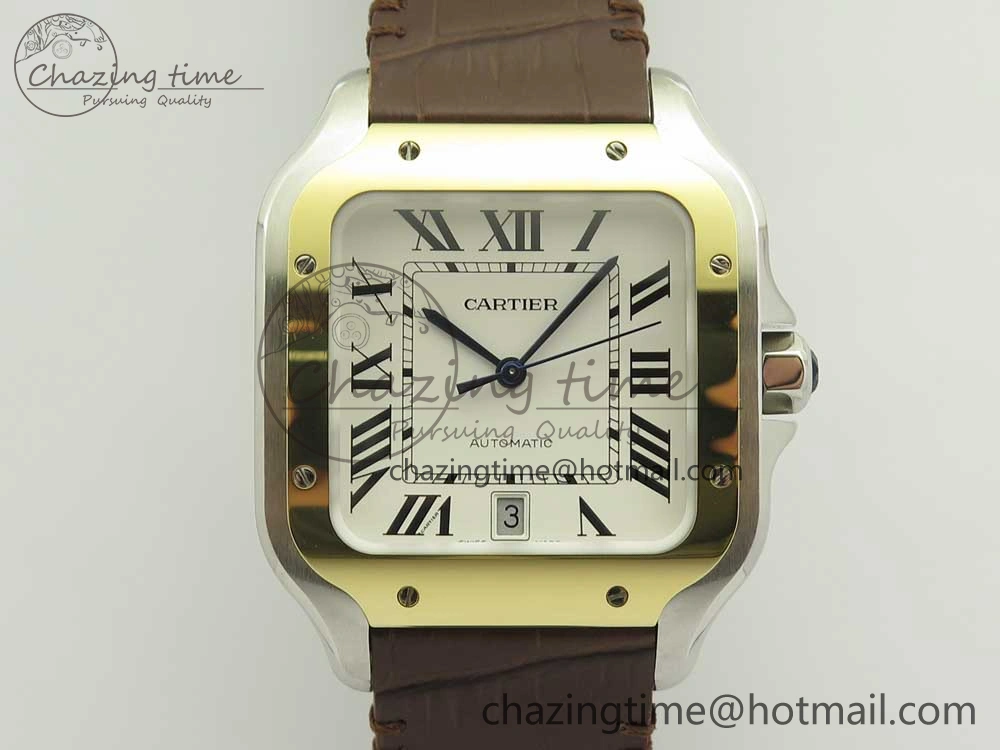 Durable Santos de Cartier 40mm 2018 V6F 1:1 Best Edition White Dial YG Bezel on Deep Brown Leather Strap MIYOTA 6143