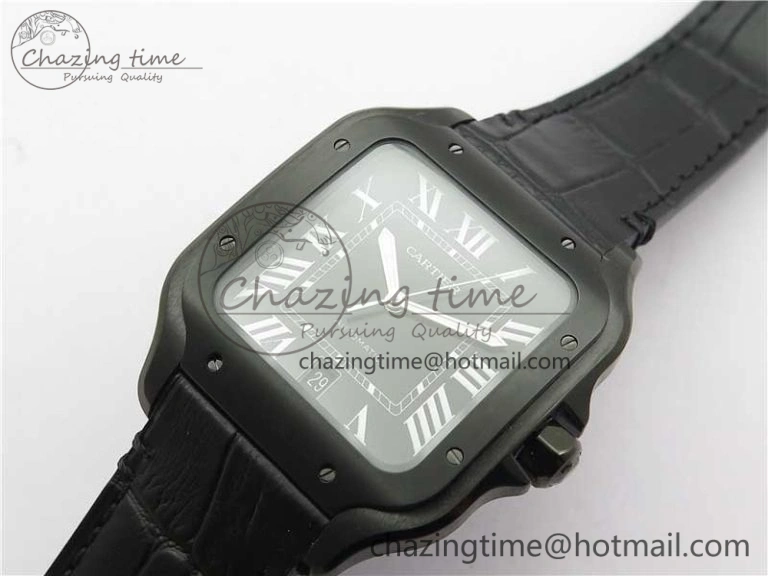 Snug Santos de Cartier 40mm DLC V6F 1:1 Best Edition Black Dial on Black Leather Strap MIYOTA 6097