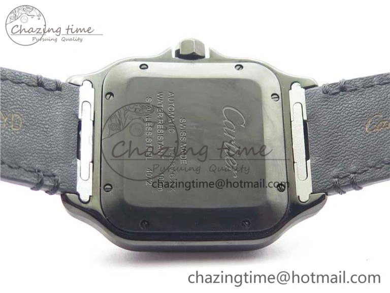 Snug Santos de Cartier 40mm DLC V6F 1:1 Best Edition Black Dial on Black Leather Strap MIYOTA 6097