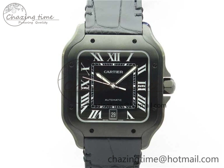 Snug Santos de Cartier 40mm DLC V6F 1:1 Best Edition Black Dial on Black Leather Strap MIYOTA 6097