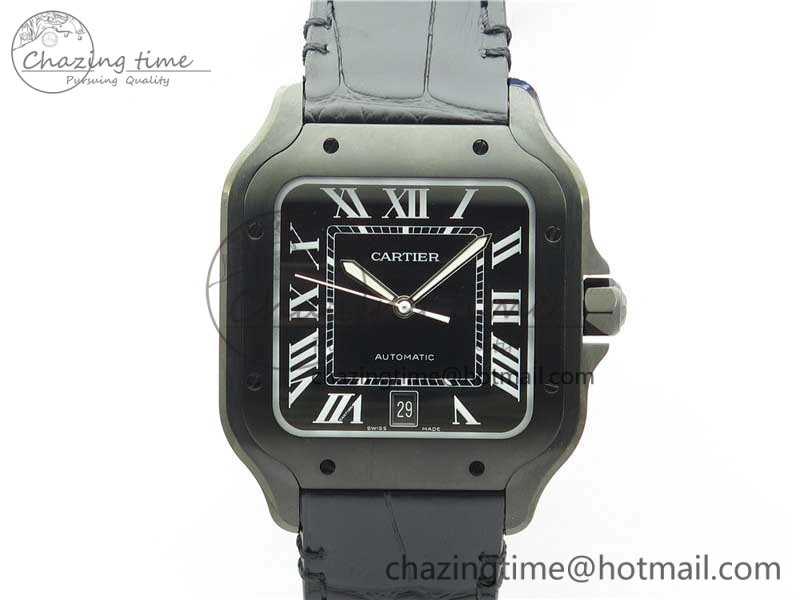 Snug Santos de Cartier 40mm DLC V6F 1:1 Best Edition Black Dial on Black Leather Strap MIYOTA 6097