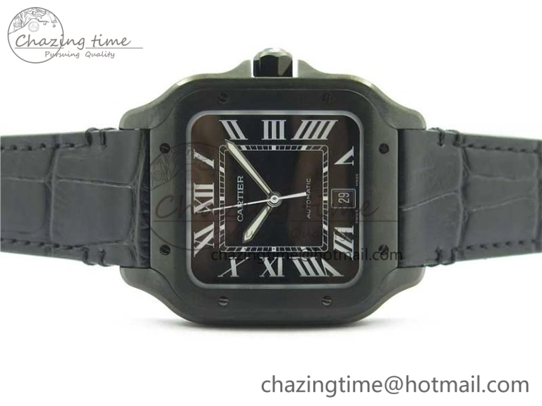 Snug Santos de Cartier 40mm DLC V6F 1:1 Best Edition Black Dial on Black Leather Strap MIYOTA 6097