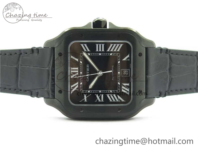 Snug Santos de Cartier 40mm DLC V6F 1:1 Best Edition Black Dial on Black Leather Strap MIYOTA 6097
