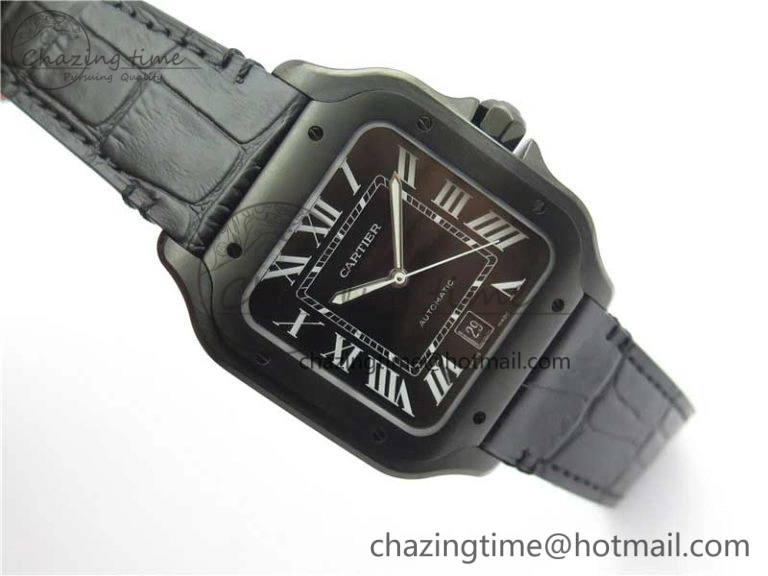 Snug Santos de Cartier 40mm DLC V6F 1:1 Best Edition Black Dial on Black Leather Strap MIYOTA 6097