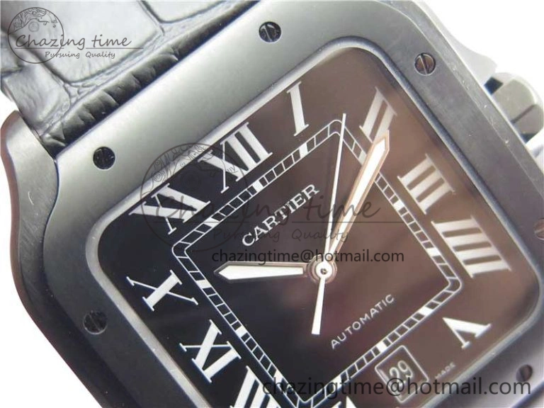 Snug Santos de Cartier 40mm DLC V6F 1:1 Best Edition Black Dial on Black Leather Strap MIYOTA 6097
