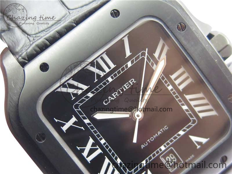 Snug Santos de Cartier 40mm DLC V6F 1:1 Best Edition Black Dial on Black Leather Strap MIYOTA 6097