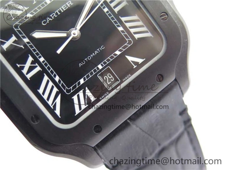 Snug Santos de Cartier 40mm DLC V6F 1:1 Best Edition Black Dial on Black Leather Strap MIYOTA 6097