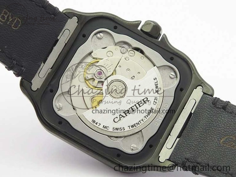 Snug Santos de Cartier 40mm DLC V6F 1:1 Best Edition Black Dial on Black Leather Strap MIYOTA 6097