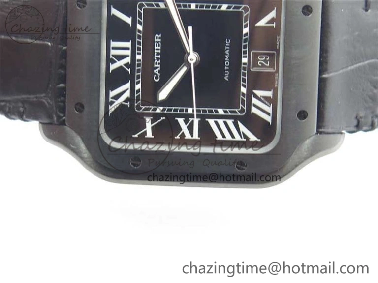 Snug Santos de Cartier 40mm DLC V6F 1:1 Best Edition Black Dial on Black Leather Strap MIYOTA 6097