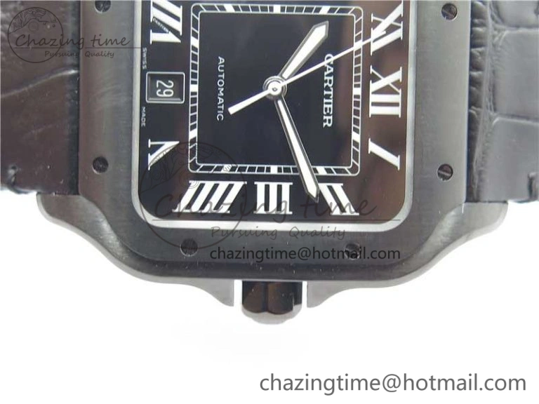 Snug Santos de Cartier 40mm DLC V6F 1:1 Best Edition Black Dial on Black Leather Strap MIYOTA 6097