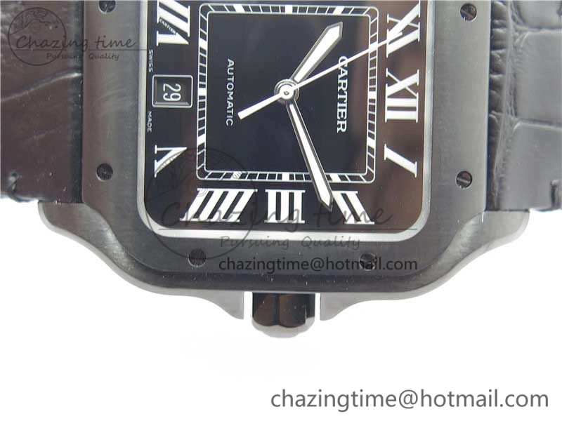 Snug Santos de Cartier 40mm DLC V6F 1:1 Best Edition Black Dial on Black Leather Strap MIYOTA 6097