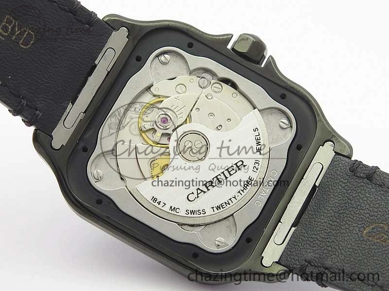 Snug Santos de Cartier 40mm DLC V6F 1:1 Best Edition Black Dial on Black Leather Strap MIYOTA 6097
