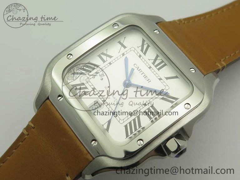 Santos de Cartier 40mm Large 2018 V6F 1:1 Best Edition White Dial on Brown Leather Strap MIYOTA WrinkleFree 6185