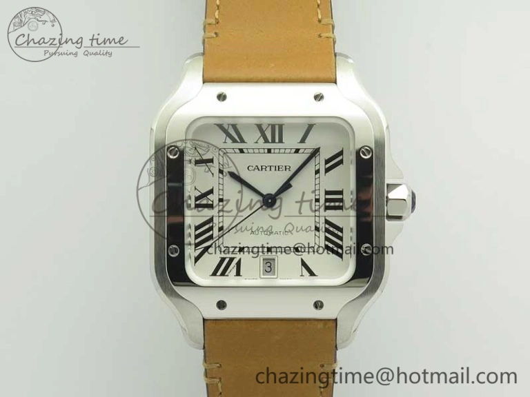 Santos de Cartier 40mm Large 2018 V6F 1:1 Best Edition White Dial on Brown Leather Strap MIYOTA WrinkleFree 6185