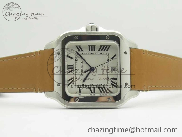 Santos de Cartier 40mm Large 2018 V6F 1:1 Best Edition White Dial on Brown Leather Strap MIYOTA WrinkleFree 6185