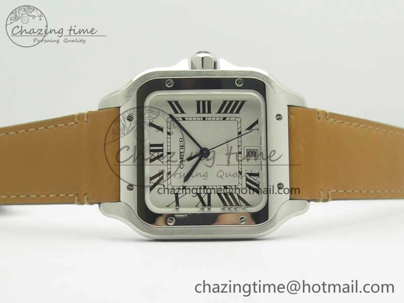 Santos de Cartier 40mm Large 2018 V6F 1:1 Best Edition White Dial on Brown Leather Strap MIYOTA WrinkleFree 6185