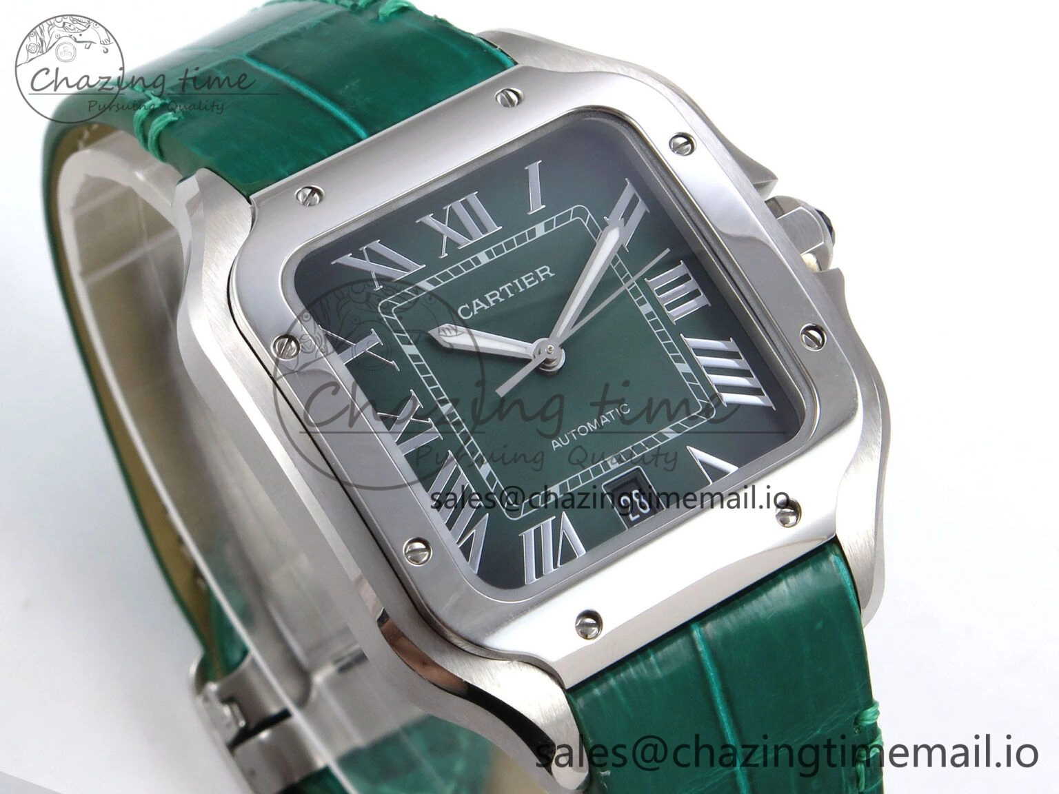 Durable Santos de Cartier 40mm SS AF 1:1 Best Edition Green Dial on Green Leather Strap MIYOTA 5876