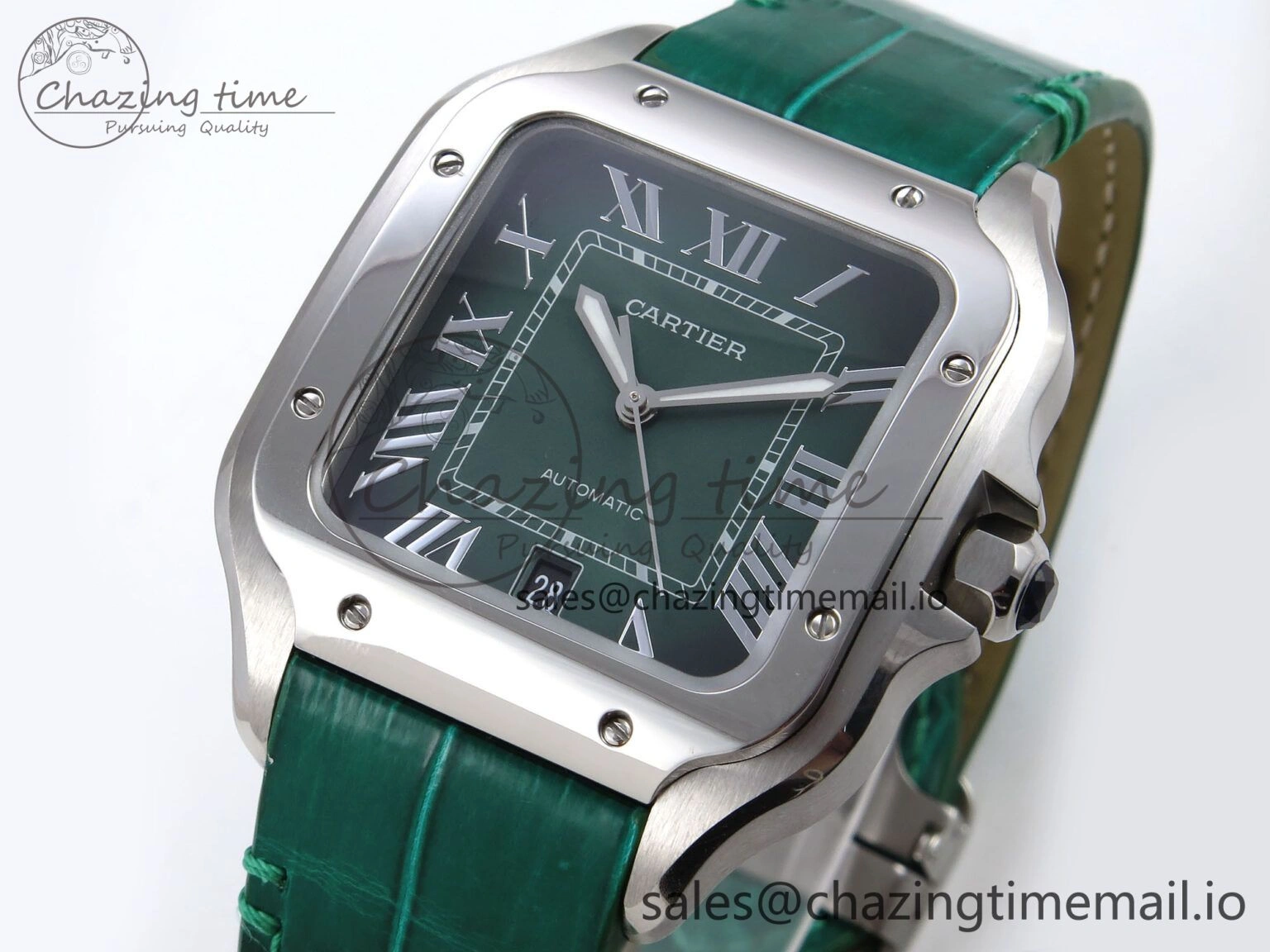 Durable Santos de Cartier 40mm SS AF 1:1 Best Edition Green Dial on Green Leather Strap MIYOTA 5876