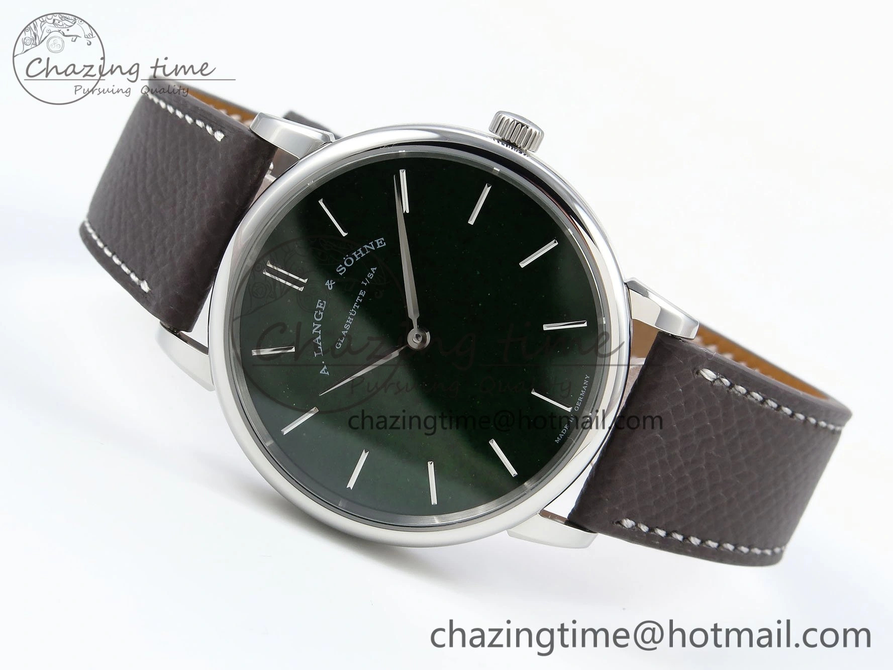 Saxonia Thin SS F8F Edition Green Dial on Brown Leather Strap A23J Minimalist 4162
