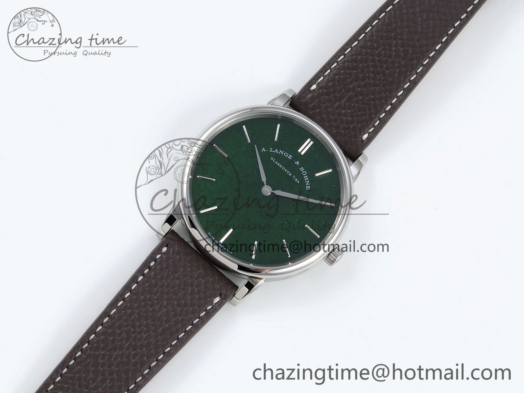 Saxonia Thin SS F8F Edition Green Dial on Brown Leather Strap A23J Minimalist 4162