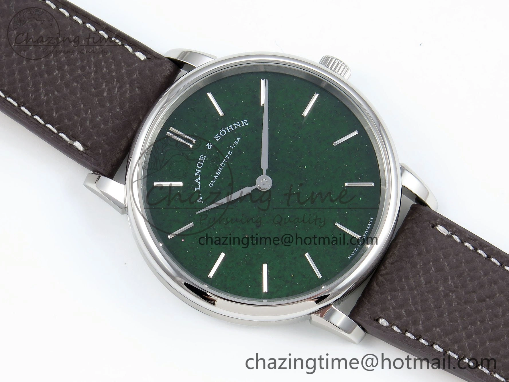 Saxonia Thin SS F8F Edition Green Dial on Brown Leather Strap A23J Minimalist 4162