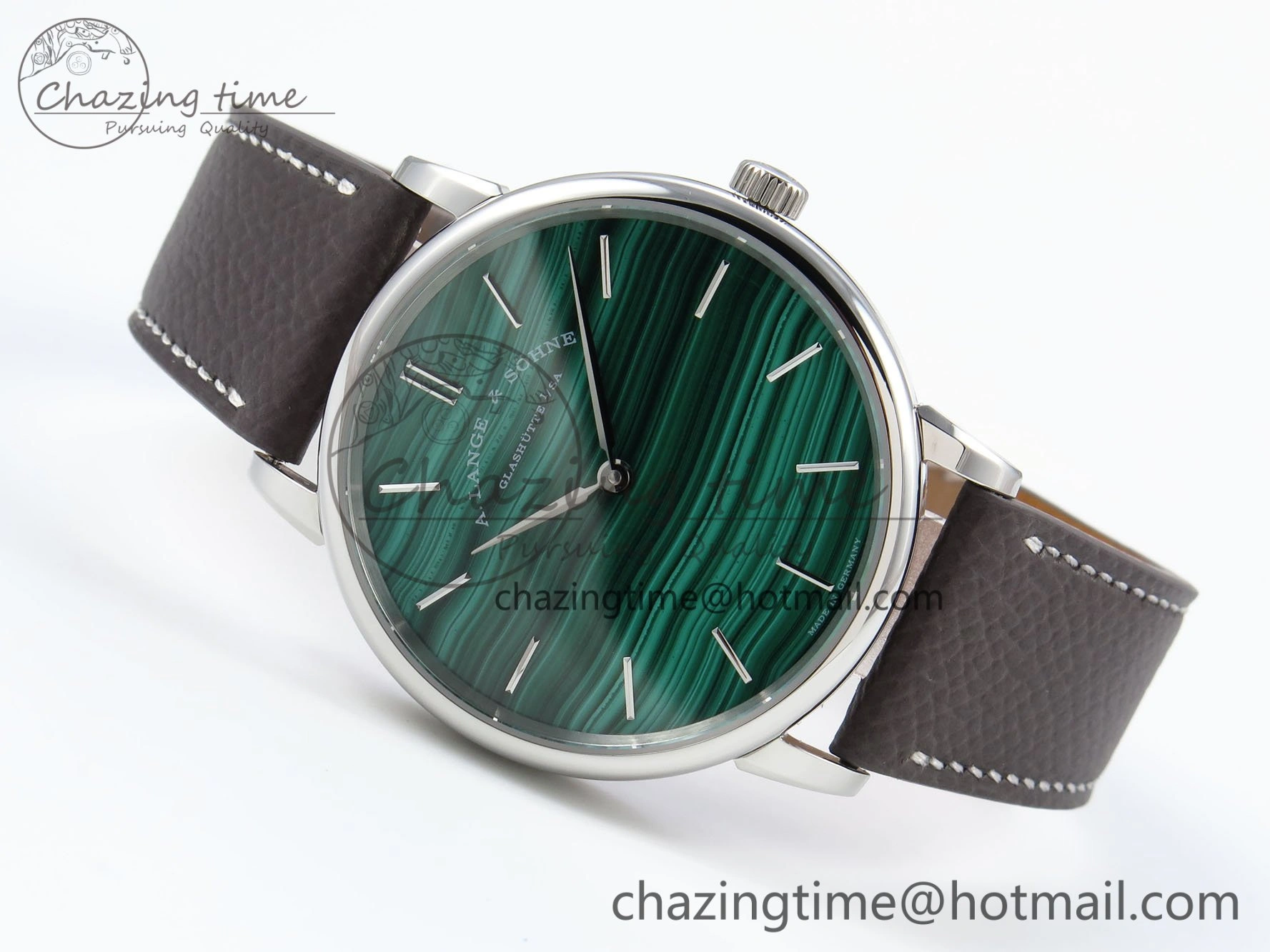 Sustainable Saxonia Thin SS F8F Edition Green Textured Dial on Brown Leather Strap A23J 4160
