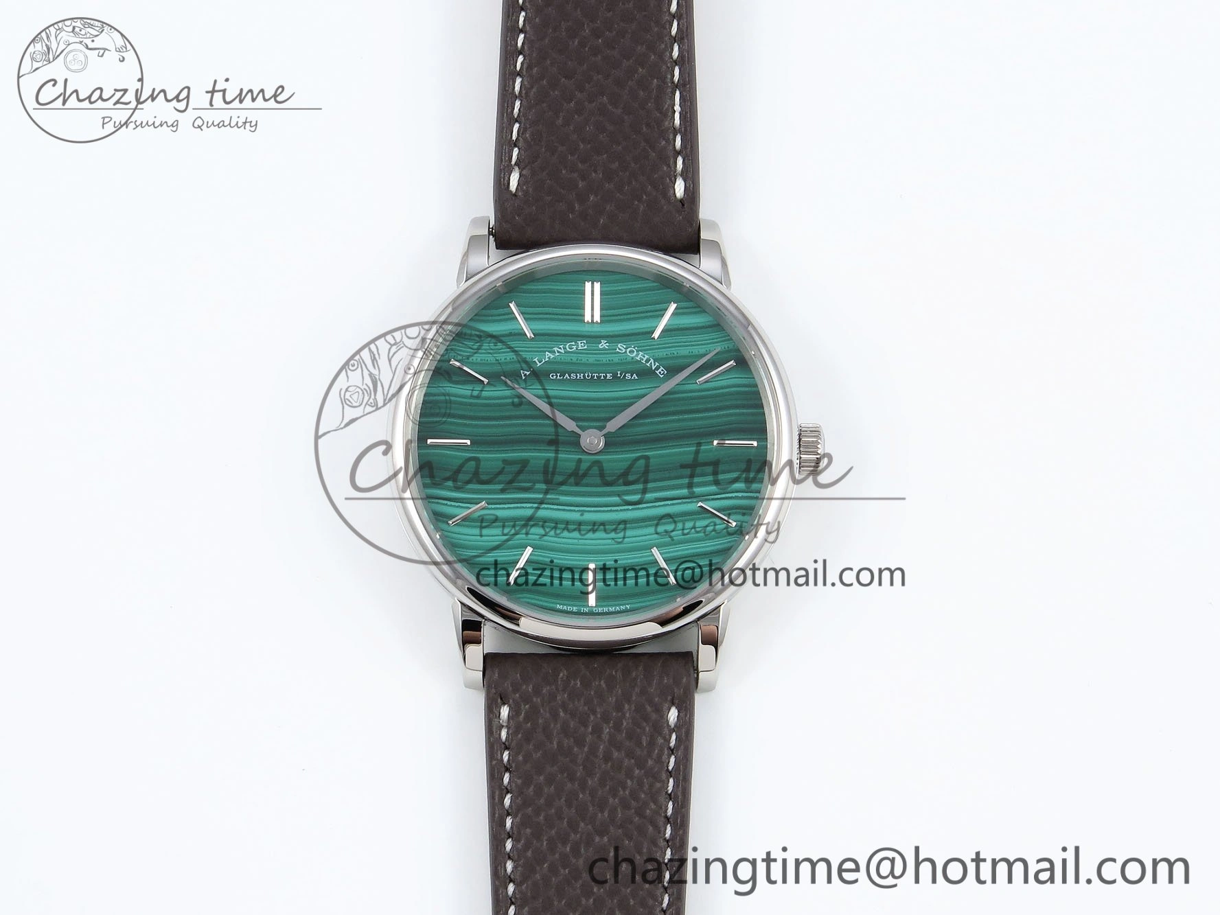 Sustainable Saxonia Thin SS F8F Edition Green Textured Dial on Brown Leather Strap A23J 4160