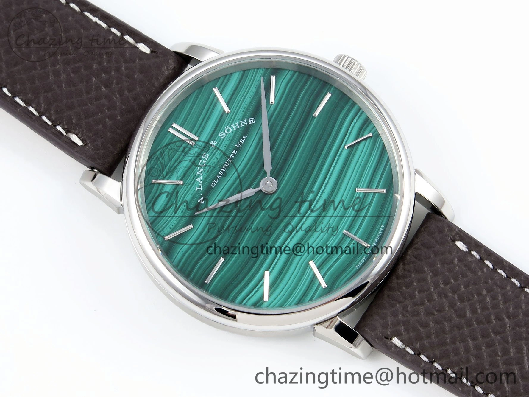 Sustainable Saxonia Thin SS F8F Edition Green Textured Dial on Brown Leather Strap A23J 4160