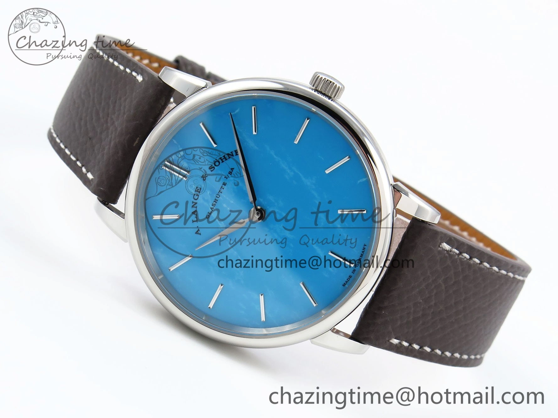 Durable Saxonia Thin SS F8F Edition Tiffany Blue Dial on Brown Leather Strap A23J 4161