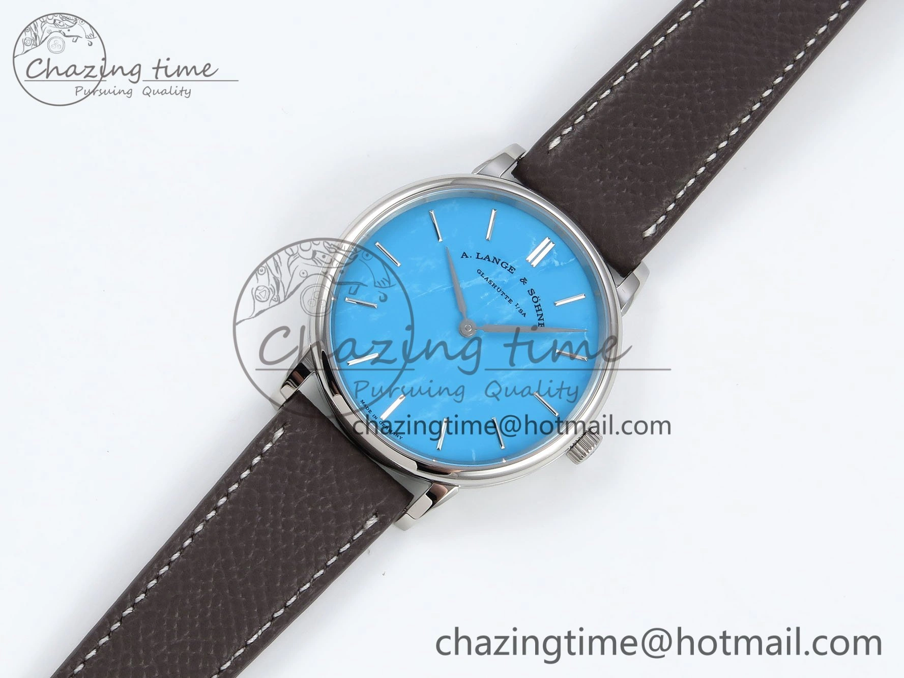 Durable Saxonia Thin SS F8F Edition Tiffany Blue Dial on Brown Leather Strap A23J 4161