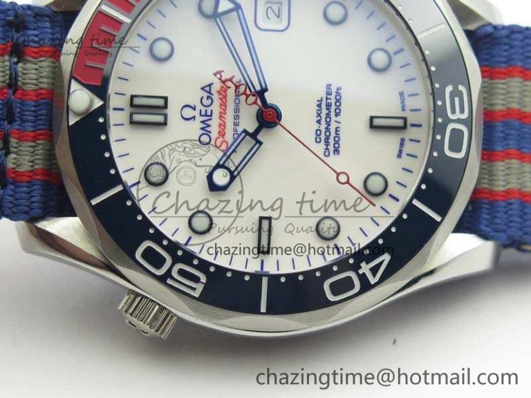 Seamaster 300M 007 SS URF 1:1 Best Edition White Dial Ceramic Bezel On Nylon Strap A2507(Free SS Bracelet) Functional 8118