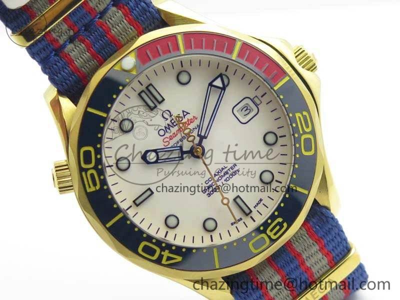 Tailored Seamaster 300M 007 YG URF 1:1 Best Edition White Dial Ceramic Bezel On Nylon Strap A 8115