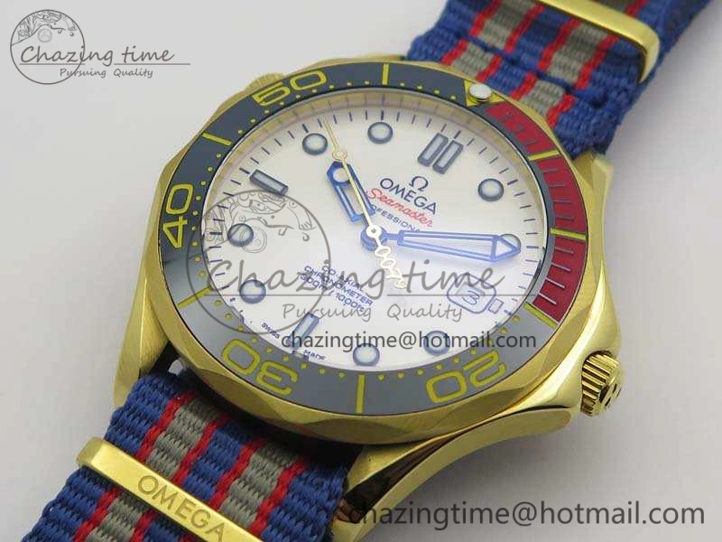 Tailored Seamaster 300M 007 YG URF 1:1 Best Edition White Dial Ceramic Bezel On Nylon Strap A 8115