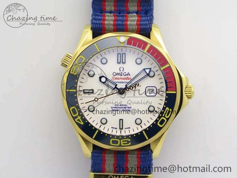 Tailored Seamaster 300M 007 YG URF 1:1 Best Edition White Dial Ceramic Bezel On Nylon Strap A 8115