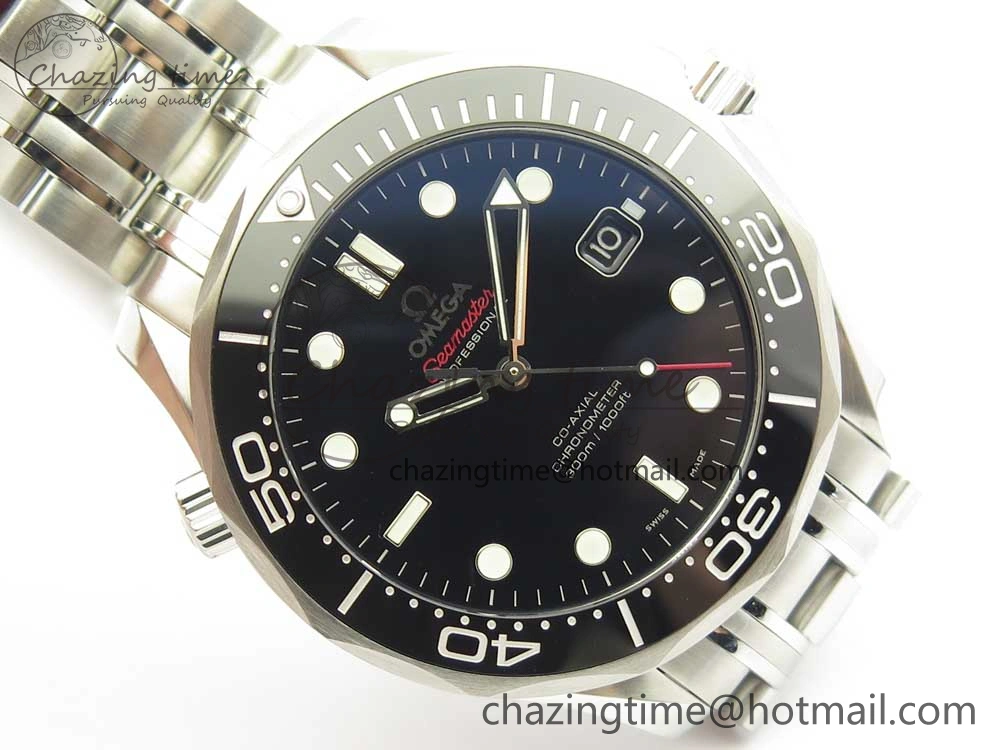 HighQuality Seamaster 300M Chronometer SS Black OMF 1:1 Best Edition on SS Bracelet A2824 (Black Balance Wheel) V 7954