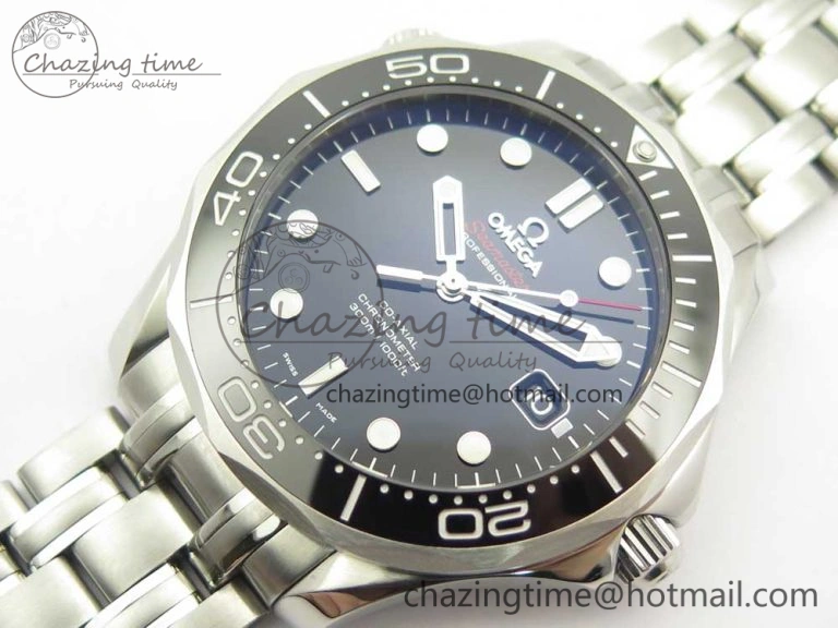 HighQuality Seamaster 300M Chronometer SS Black OMF 1:1 Best Edition on SS Bracelet A2824 (Black Balance Wheel) V 7954