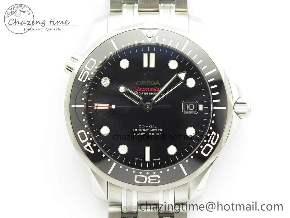 HighQuality Seamaster 300M Chronometer SS Black OMF 1:1 Best Edition on SS Bracelet A2824 (Black Balance Wheel) V 7954
