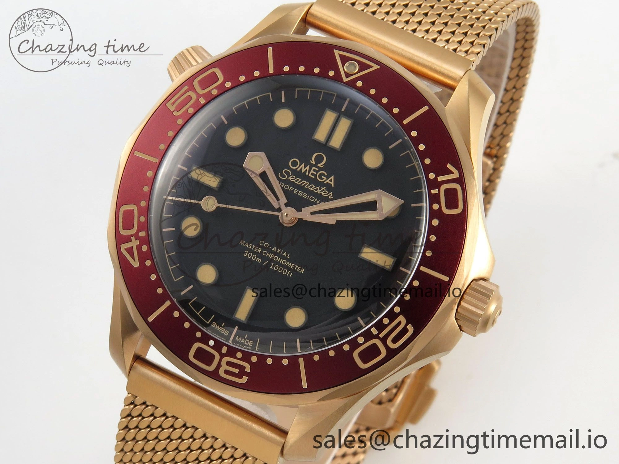TravelReady Seamaster 300M Diver Rose Gold VSF 1:1 Best Edition Black Dial on Mesh Bracelet A 7662