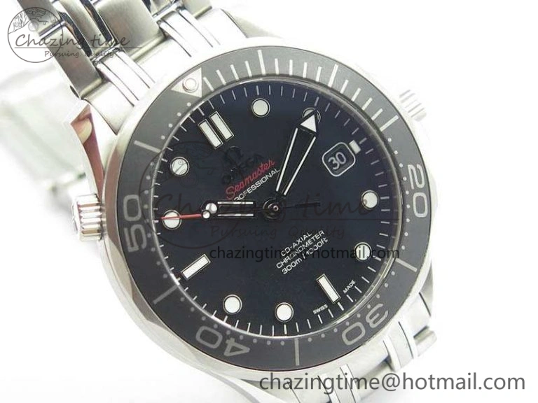Flexible Seamaster 300M SS OMF 1:1 Best Edition Black Dial Matt Black Ceramic Bezel On SS Bracelet A 8147