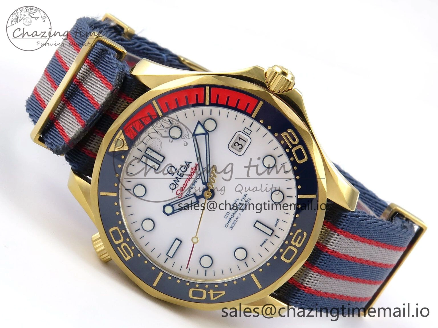 Seamaster 300m Diver YG OMF 1:1 Best Edition Blue Orange Ceramic White Dial on Blue Nato Strap A Thermal 7704