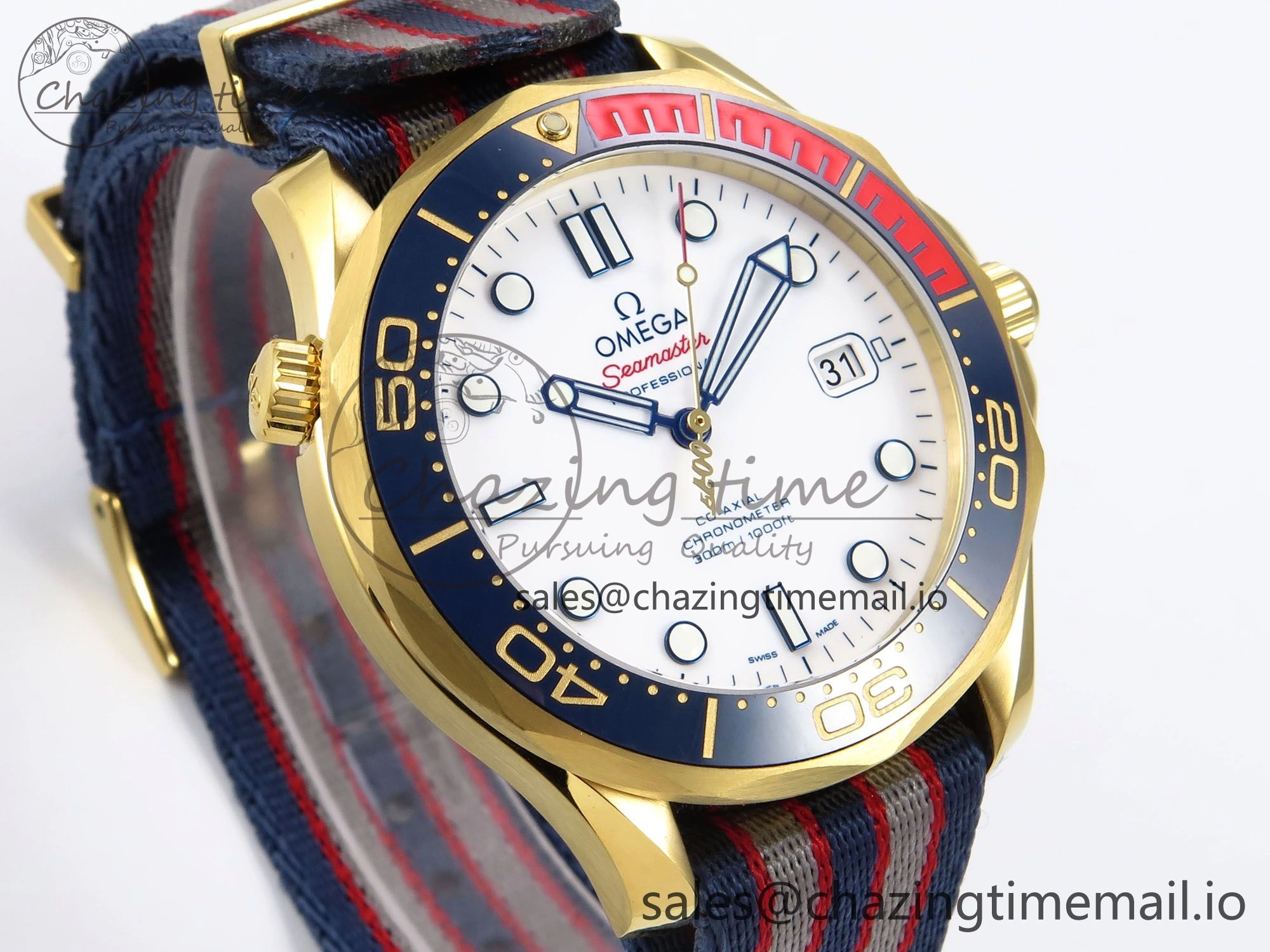 Seamaster 300m Diver YG OMF 1:1 Best Edition Blue Orange Ceramic White Dial on Blue Nato Strap A Thermal 7704