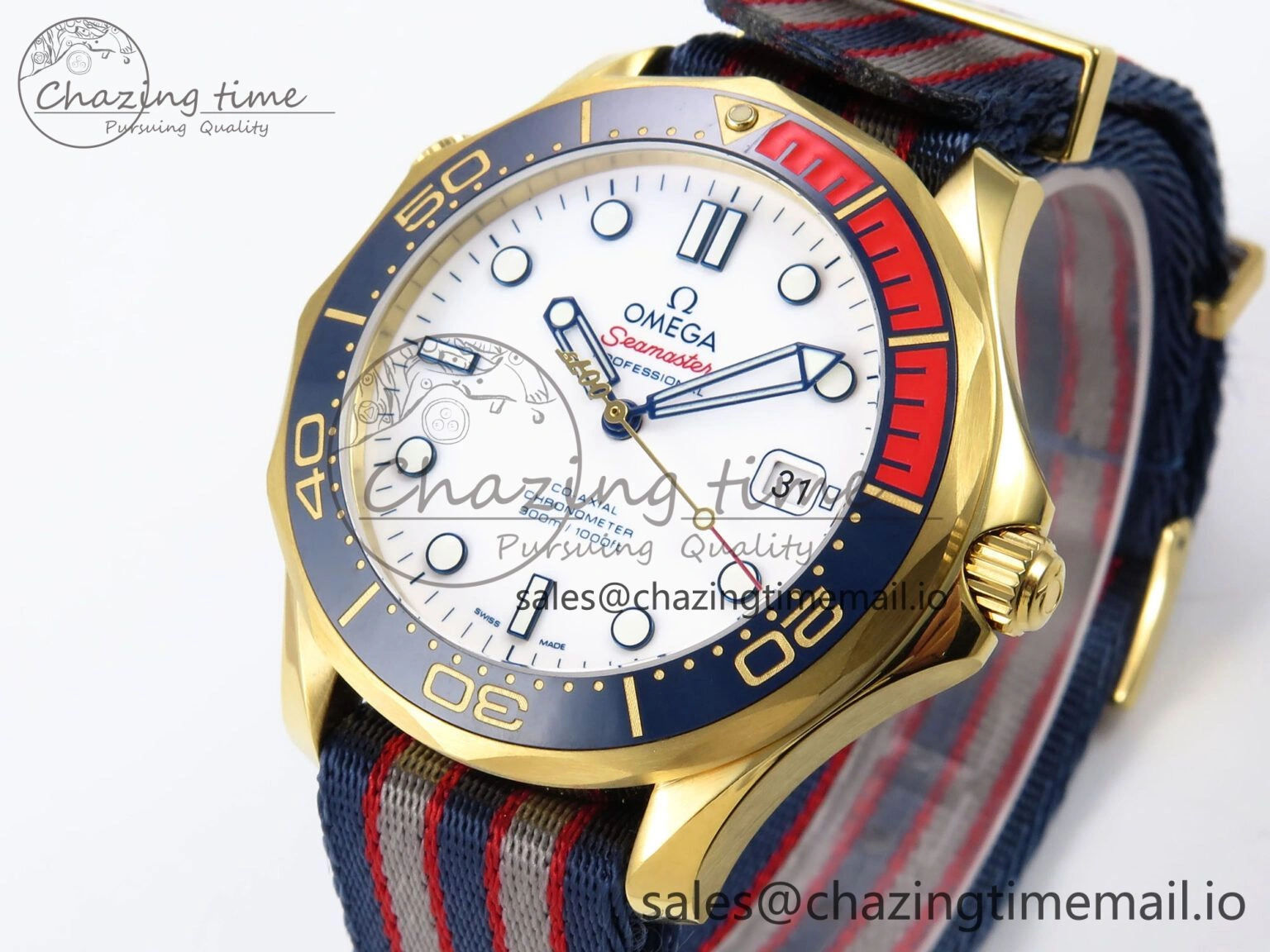 Seamaster 300m Diver YG OMF 1:1 Best Edition Blue Orange Ceramic White Dial on Blue Nato Strap A Thermal 7704