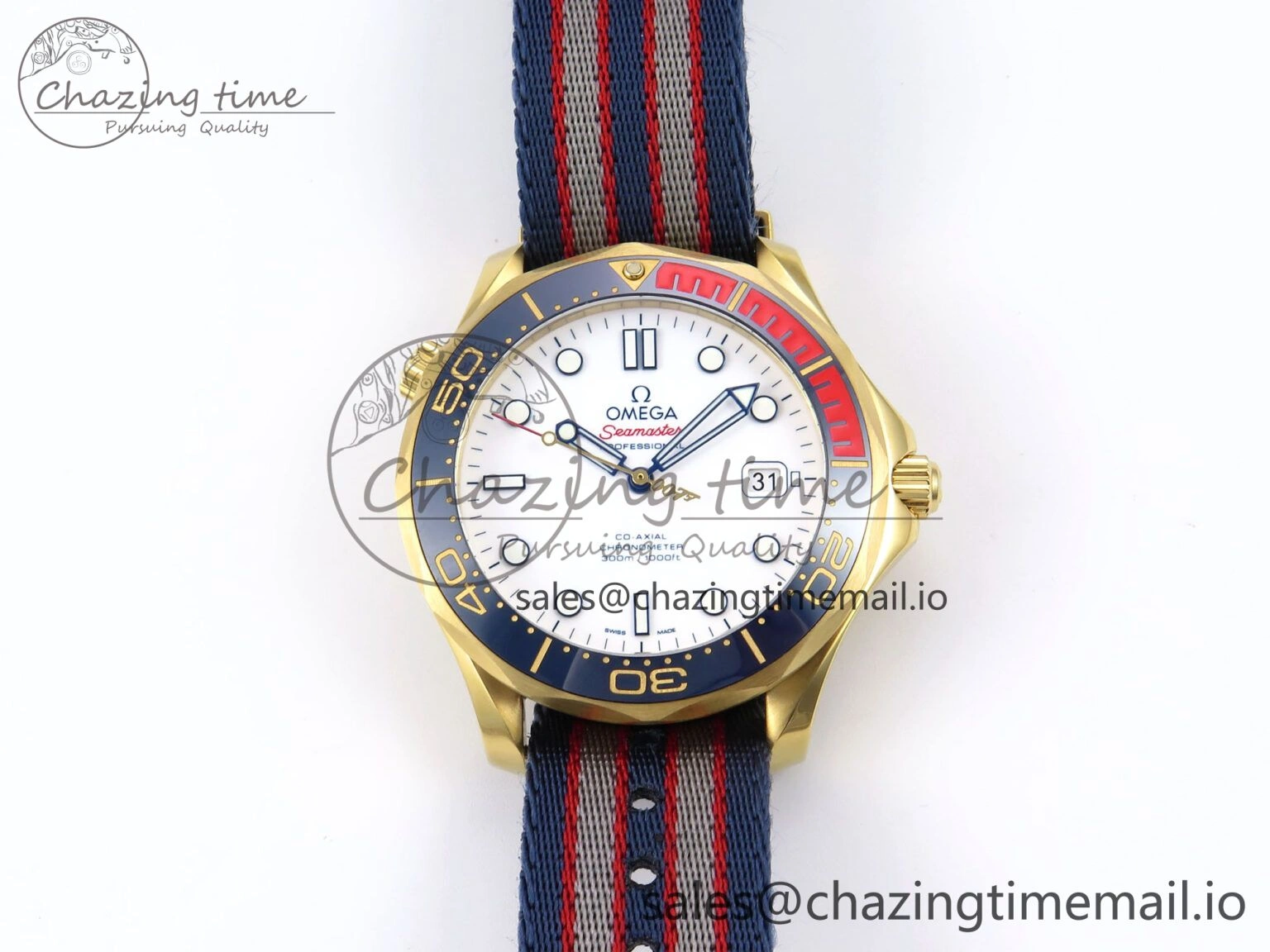 Seamaster 300m Diver YG OMF 1:1 Best Edition Blue Orange Ceramic White Dial on Blue Nato Strap A Thermal 7704