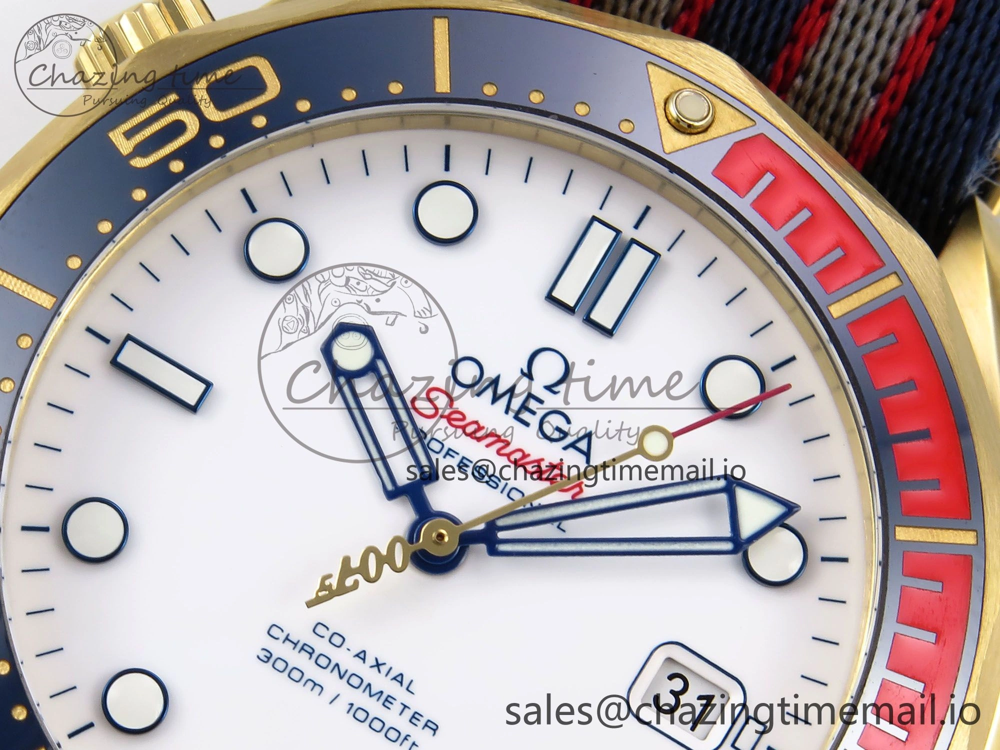 Seamaster 300m Diver YG OMF 1:1 Best Edition Blue Orange Ceramic White Dial on Blue Nato Strap A Thermal 7704