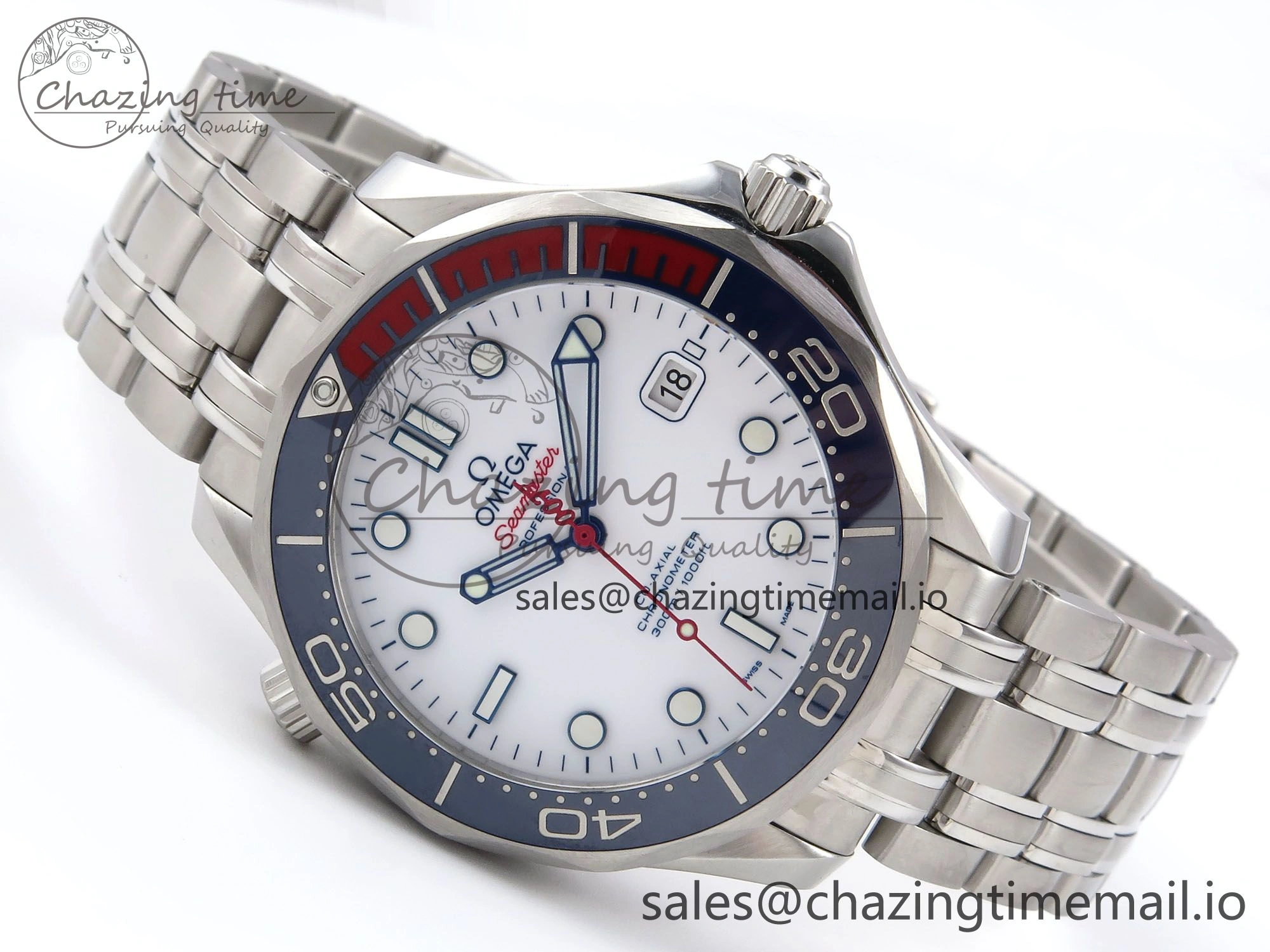Seamaster Diver 300M OMF 1:1 Best Edition Blue Red Ceramic White Dial on SS Bracelet A SmoothTexture 7705